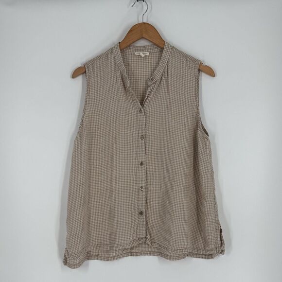 Eileen Fisher Gingham Puckered Organic Linen Sleeveless Shirt in Pebble | Large - Picture 3 of 8